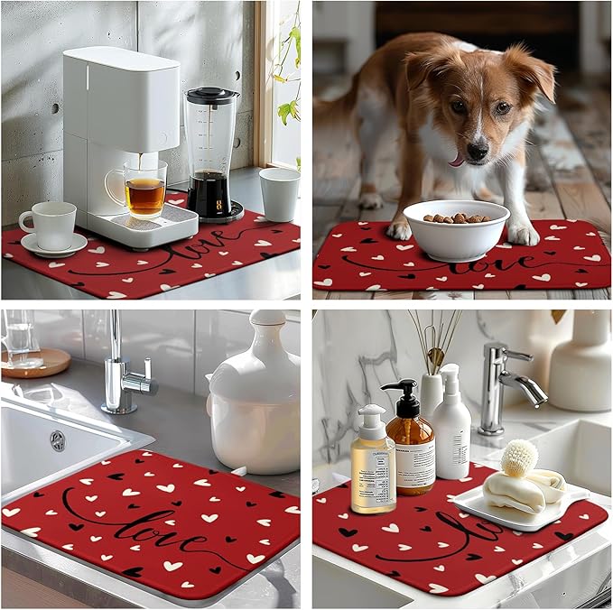 Valentine Dish Drying Mat for Kitchen Counter Valentines Day Red Black Love Heart Holiday Drying Mats Absorbent Microfiber Dish Draining Mat Medium Dish Rack Pad 16x18 Inch