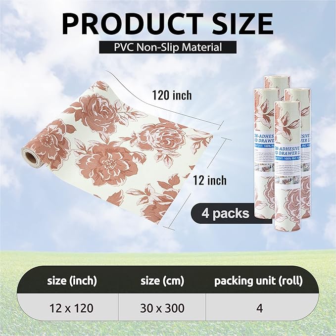 FIFTY FEET 12X120 Inch Shelf Liner for Kitchen Cabinets, PVC Drawer Liner for Dresser Non-Slip Bathroom, Non-Adhesive Cabinet Liner Washable (Red Flower)(4 Roll)