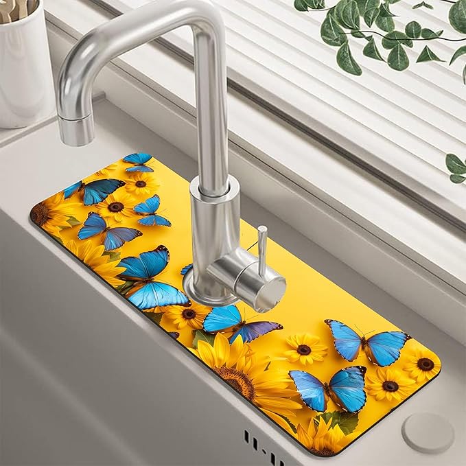 Kitchen Sink Splash Sunflowers and Blue Butterflies Guard Faucet Mat, Super Absorbent Fast Drying Mat Guard Behind Faucet Drip Catcher for Kitchen Bathroom, 15.5"X5.5"