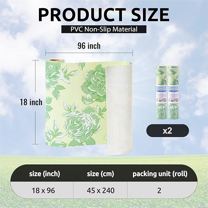 FIFTY FEET 18X96 Inch Shelf Liner for Kitchen Cabinets, PVC Drawer Liner for Dresser Non-Slip Bathroom, Non-Adhesive Cabinet Liner Washable (Green Flower)(2 Roll)