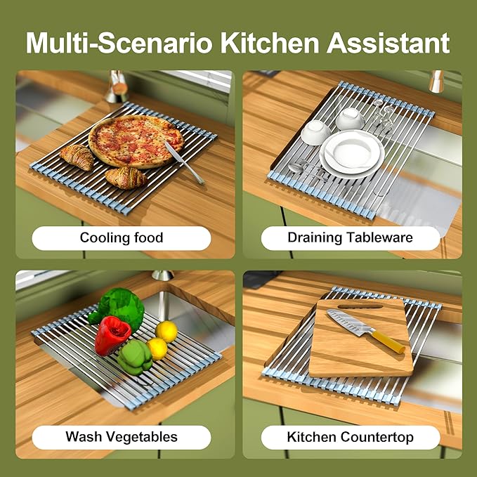 Roll Up Dish Drying Rack Over Sink Silicone Wrapped 304 Square Stainless Steel Dish Drainer Sink Counter Kitchen Home RV Essentials Foldable Sink Organizer,16.93" L×12.91" W,Grey