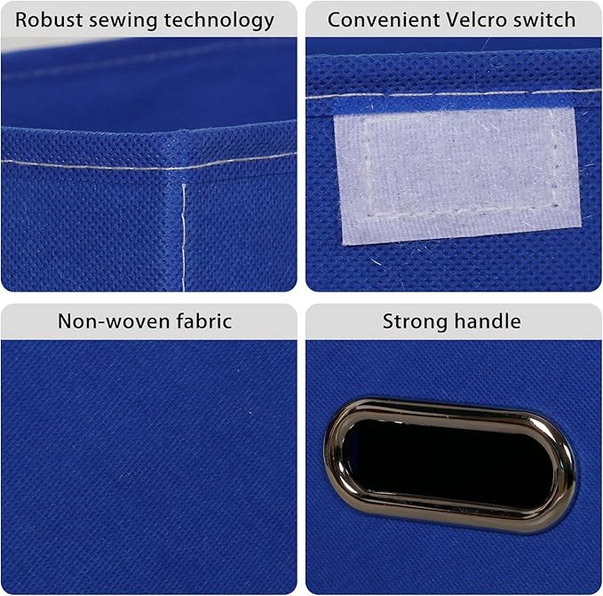 Linen Fabric Foldable Collapsible Storage Cube Bin Organizer Basket Fabric Storage Bins with Lid, Leather Handles, Removable Divider for Home, Closet, Dark Blue 3Pcs