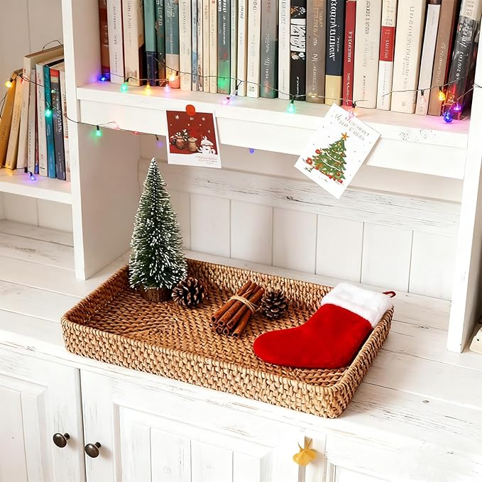 Wicker Storage Basket, Rattan Tray Rectangular for Bathroom Living Room, Decorative Serving Woven Trays Wicker Baskets for Organizing, Woven Seagrass Tray for Storage Home Decor L(14.6" × 9.1")