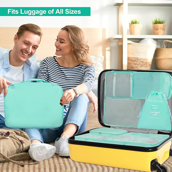 8 Set Packing Cubes for Suitcases, kingdalux Blue Travel Luggage Packing Organizers with Laundry Bag, Compression Storage Shoe Bag, Clothing Underwear Bag, for Women & Men
