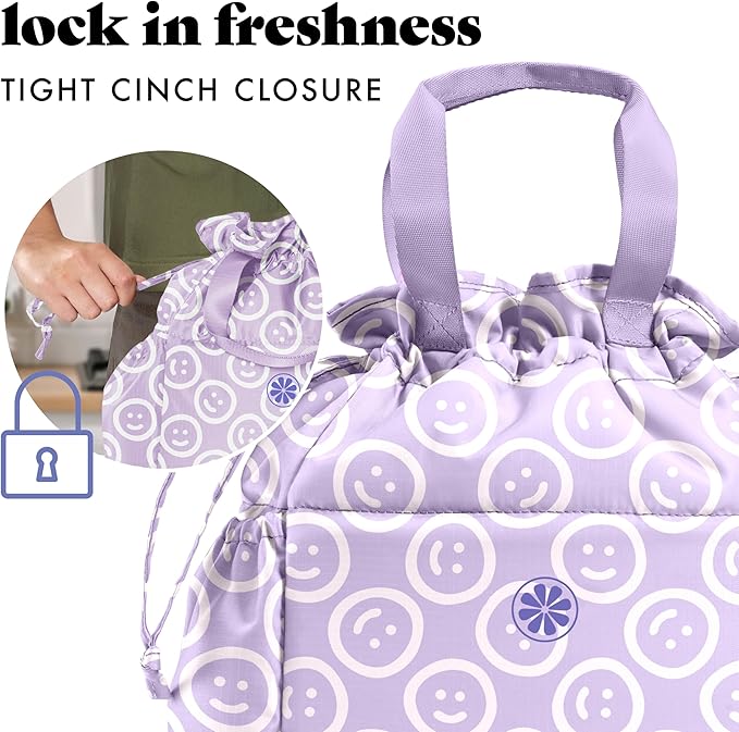 Fit & Fresh Cromwell Drawstring Lunch Bag for Women, Complete Lunch Set with 2 Containers, Stain-Resistant, Leak-Resistant, Back to School Essential, Teacher Lunchbox, All Smiles Lavender