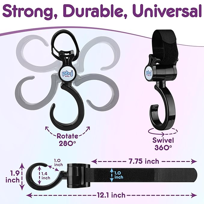 PBnJ Baby Stroller Hooks, 2-Pack Organizer Clips for Travel, Purses, Shopping, Diaper Bags