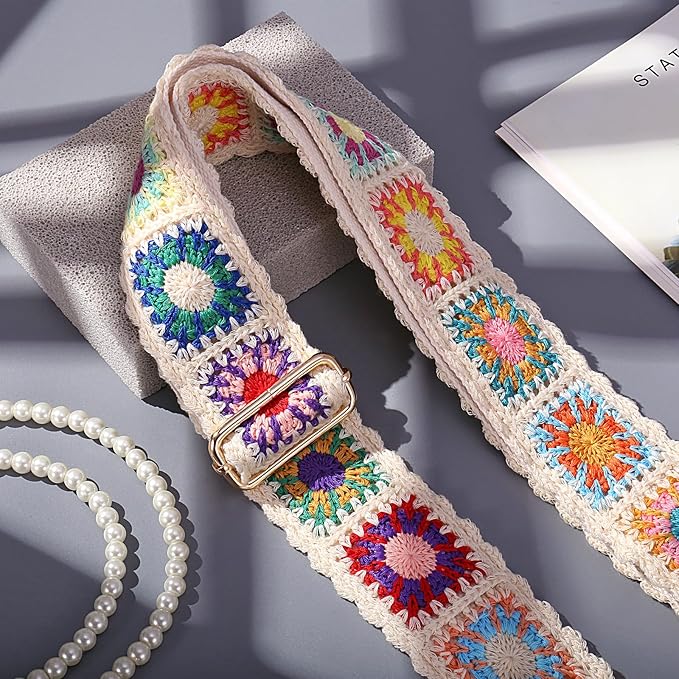 Wide Purse straps Crochet Flower replacement crossbody for Handbag Adjustable Embroidery Knit Guitar Shoulder strap