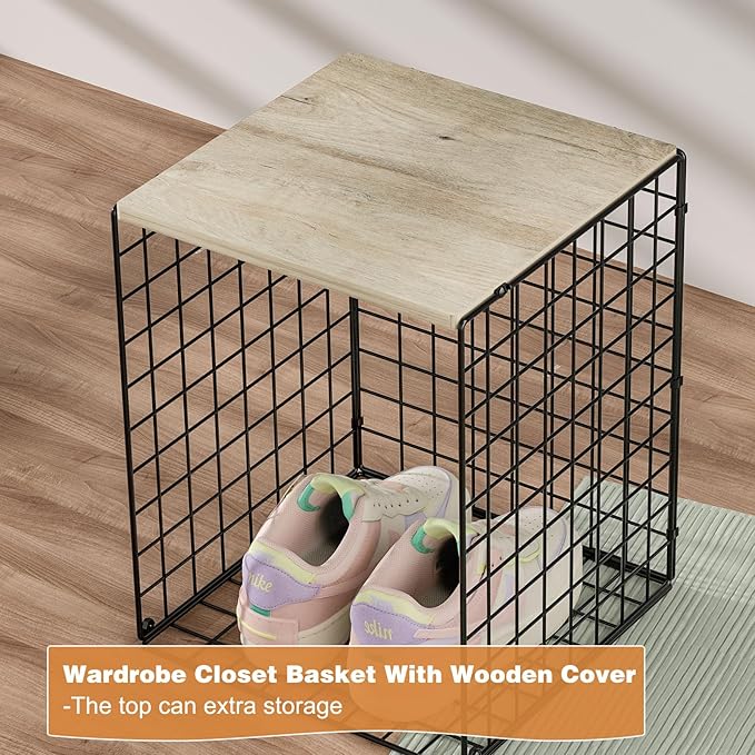 Taller Closet Organizers and Storage with Wood Top, Set of 3 Stackable Wire Storage Bins for Clothes, Bags, Towels, Double Storage Design, Sturdy Metal Cube Shelf Organizer for Closet Wardrobe, Black