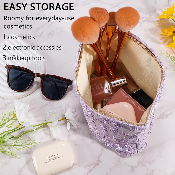 ZLFSRQ Daisy Flower Makeup Bag Travel Cute Floral Cosmetic Bags for Women Large Toiletry Pouch Zipper Cosmetic Pouch for Purse Aesthetic Embroidery Purple Makeup Organizer Bag Portable Toiletry Bags