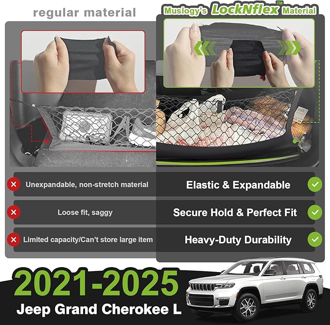 Muslogy Envelope Style Trunk Cargo Net Compatible with 2021-2024 2025 Jeep Grand Cherokee L Accessories Custom Fit Trunk Organizer Upgraded Storage Luggage Net with Metal Hooks (3-Row GCL)