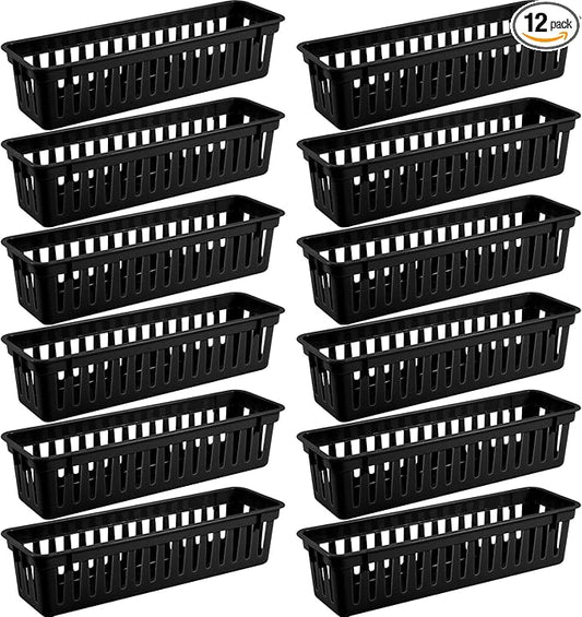 12 Pcs Black Slim Plastic Storage Baskets Tray 10 x 3 x 2.5 Inch Compact Stackable Desk Organizer for Office, Classroom, School Supplies, and Home Storage, Organization(Black)