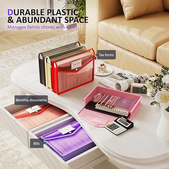 ThinkTex Plastic Expanding File Folder, Transparent Envelopes with Snap Closure, No Dividers, Large Capacity, Document Organizer for Receipts, Bills & Taxes, Fits Letter / A4 Size - 5 Pack