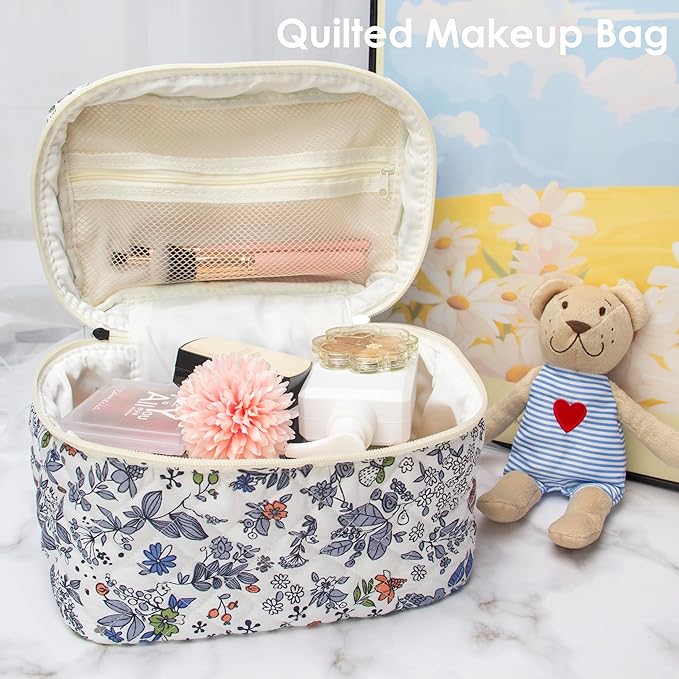 PAZIMIIK Quilted Makeup Bag Large Travel Zipper Soft Cosmetic Case for Women Girls Make Up, Leaf White