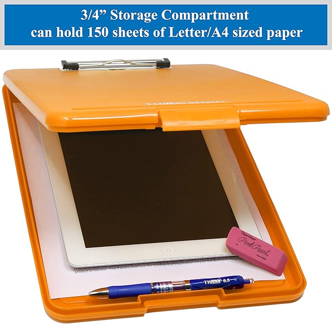 Think2Master [3 Pack] Orange Plastic Storage Clipboard. | 25% Heavier & Sturdier| Heavy Duty and Won’t Flex Like Other Brands (Compare The Weight). Storage Compartment Holds 150 Letter Sized Paper.
