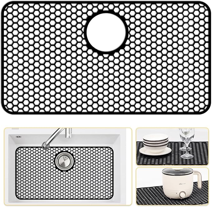 Silicone Sink Protectors for Kitchen Sink with Rear Drain - 26"x 14" Kitchen Protector Accessory, Non-Slip Heat Resistant Grid Mat for Bottom of Farmhouse Stainless Steel (Rear Hole, Black)
