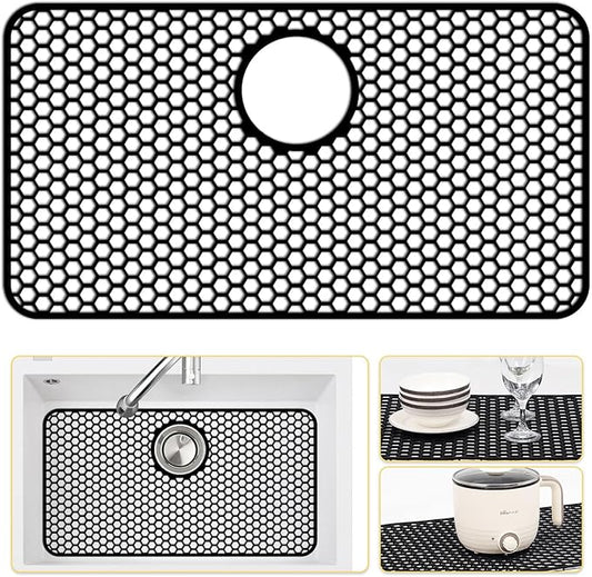 Silicone Sink Protectors for Kitchen Sink with Rear Drain - 26"x 14" Kitchen Protector Accessory, Non-Slip Heat Resistant Grid Mat for Bottom of Farmhouse Stainless Steel (Rear Hole, Black)