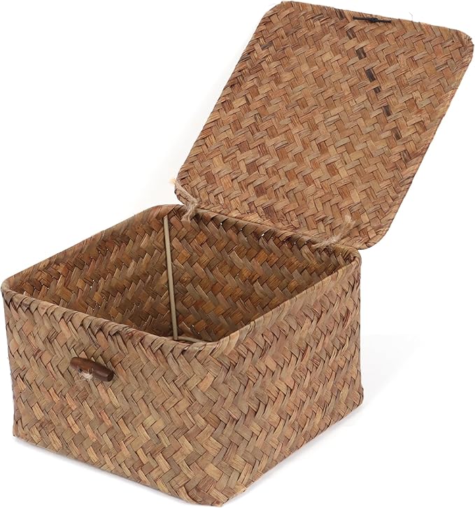Wicker Shelf Baskets with Lid, Handwoven Seagrass Storage Basket Bins Square Gift Boxes for Shelves Home Decor Organizer (Coffee, X-Small)