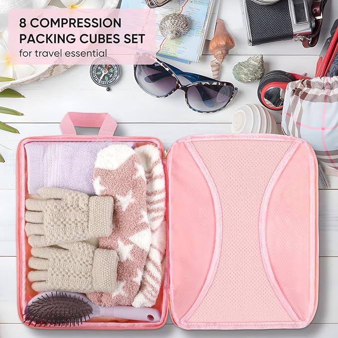 8 Set Compression Packing Cubes for Travel, Packing Cubes Compression Travel Accessories Expandable Packing Organizers for Carry on Luggage Suitcase