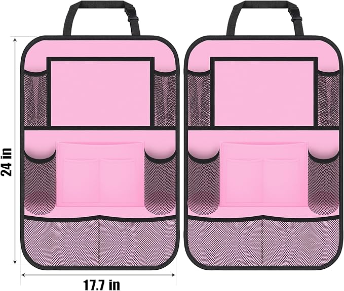 Car Backseat Organizer with 11" Tablet Holder, 10 Storage Pockets, Seat Back Protectors, Kick Mats for Kids & Toddlers, Travel Accessories, 2 Pack, Pink