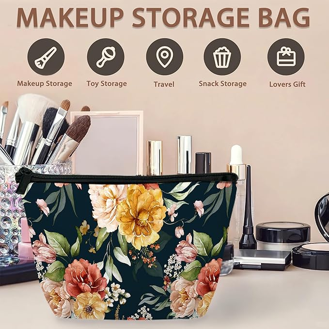 Vintage Pink Flowers Makeup Bag Travel Cosmetic Bag for Women,Green Leaves Small Make up Pouch Travel Bags for Toiletries Aesthetic Accessories Waterproof Gifts