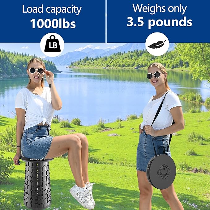 Upgraded XXL Taller 19.7" Wider 11.8" Collapsible Stool with Cushion,Adjustable Seat with Load Capacity 1000lbs, More Taller&Wider Portable Retractable Stool for Adults Camping Fishing Hiking BBQ