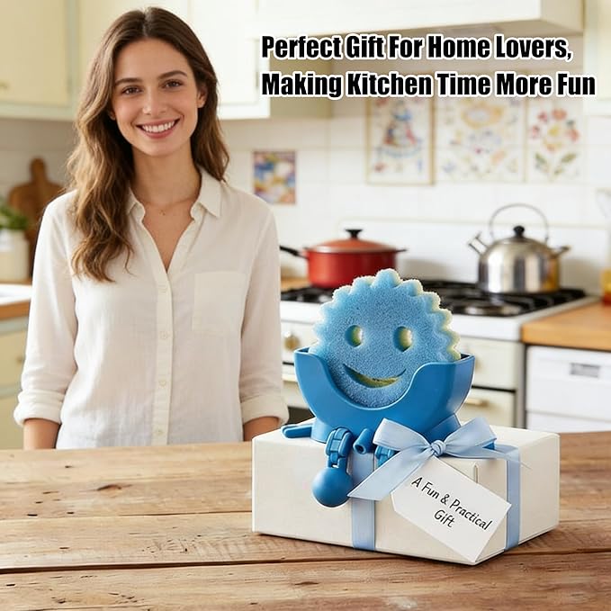 Cute Hanging Sponge Holder with Drainage, 3D Printed Kitchen Funny Sponge Stand for Sink, with Non-Slip Pads, Suitable for Scrub Daddy Holder, Keeps Your Sponge Dry and Smiling (Blue)