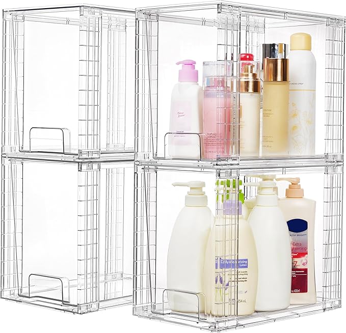 Vtopmart 4 Pack Clear Stackable Storage Drawers, 9.7" High Plastic Organizers Bins for Skincare, Bathroom Supplies, Ideal for Cabinet, Undersink, Vanity, Kitchen, Pantry Organization
