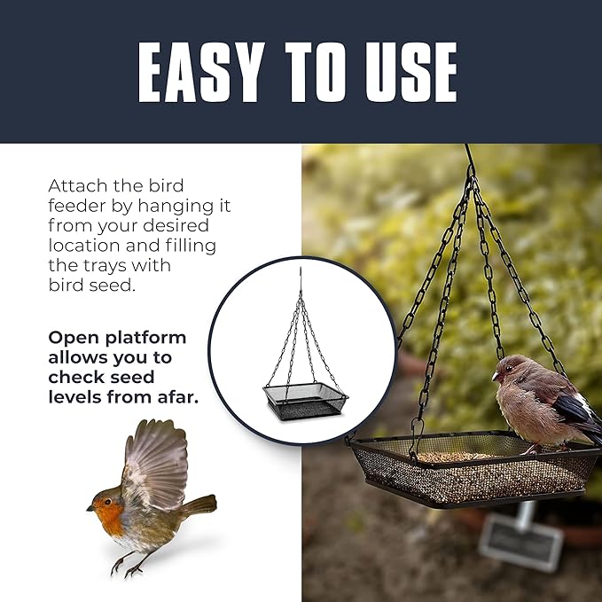 Monarch Abode Hanging Bird Feeder for Outdoors – Hanging Birdfeeder with Iron Mesh Seed Tray for Wild Birds, Matte Black Metal Decorative Wild Bird Feeder for Outside Garden Patio Deck Yard