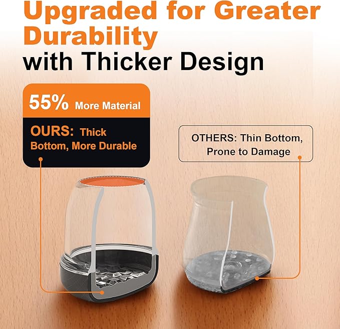Chair Leg Floor Protectors for Hardwood Floors – Smooth Nylon Base Won’t Trap Cat or Dog Hair, Clear Silicone Caps No Scratch & Silent on Carpet & Tile (32 Pack, Fits 3/4" to 1")