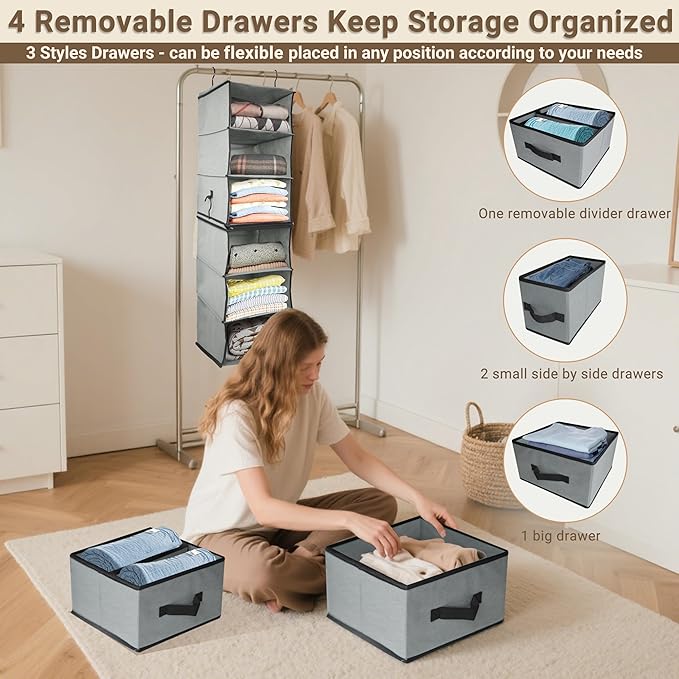 2-in-1 Durable 6-Tier Hanging Closet Organizer with 4 Removable Drawers,2 Separable 3-Tier Thickened Fabric Hanging Shelf Clothes Storage Organization Space-saving for Bedroom,Dorm,Guestroom,RV,Travel