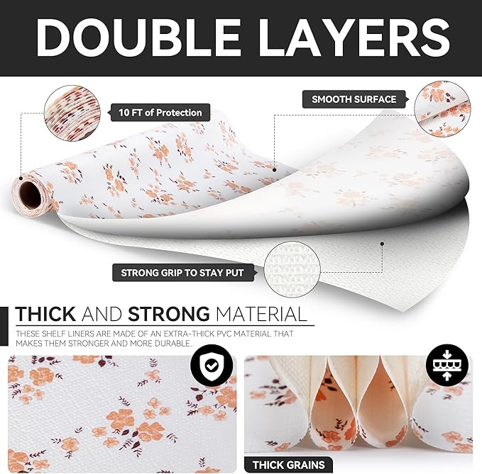 RAY STAR Shelf Liner, Non Adhesive Pink Orange Floral Printed Kitchen Cabinet Liner for Pantry Drawer Vanity, Strong Grip Non Slip, Shelf Liners for Kitchen Cabinets Cupboard 12 Inch x 10 FT (3 Rolls)