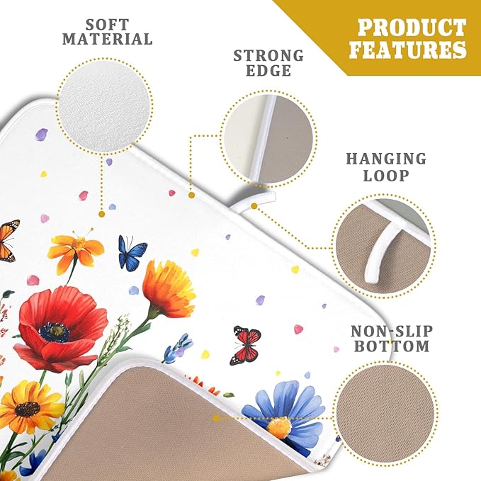 Watercolor Flower Dish Drying Mat 16x18 Inch Floral Butterfly Dish Drainer Protector Pad Washable Reversible Kitchen Counter Dish Dry Pad