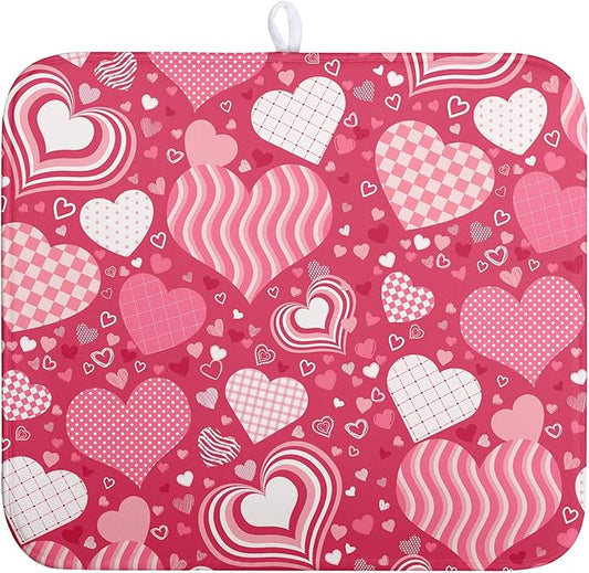 Valentine's Day Red Pink Love Heart Drying Mat for Kitchen Counter - Absorbent Microfiber Dish Drainer Mats - Medium Drying Pad - 16x18 Inch