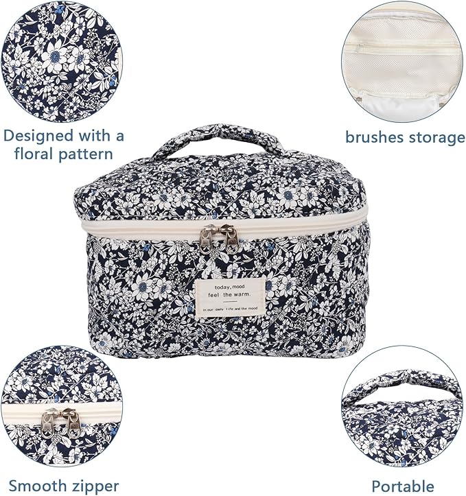 Large Makeup Bag, Cute Cosmetic Bag for Women Girls, Floral Coquette Aesthetic Toiletry Bag, Travel Make Up Organizer Bag (Black Rose Flower)