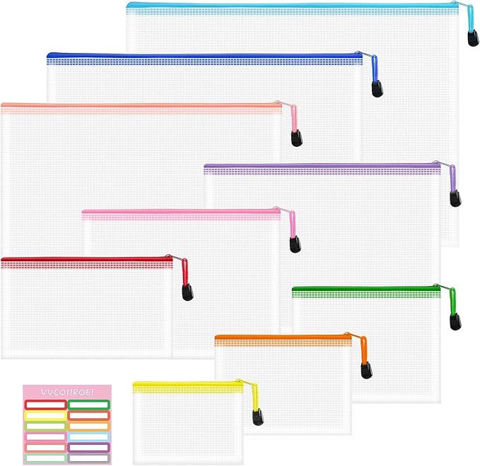 9pcs Mesh Zipper Pouch Bags, 9 Sizes, 9 Colors, Board Game Storage, Travel, School, Office Organize