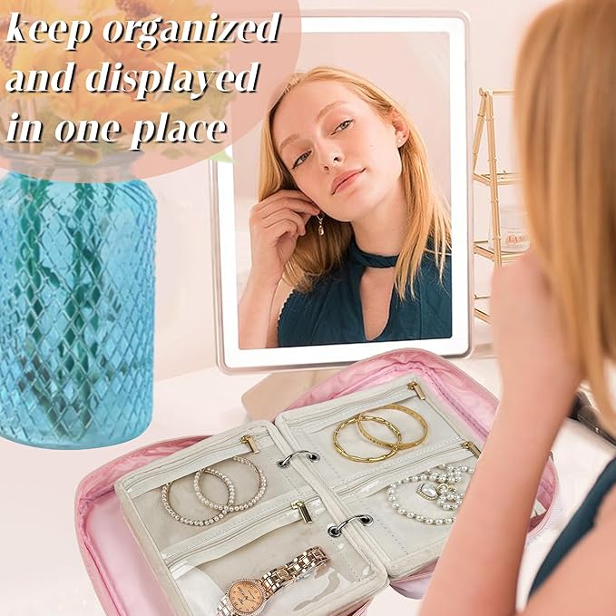 Travel Jewelry Organizer Case, Small Jewelry Bags for Traveling, Jewelry Binder with 24 Pcs Clear Zipper Velvet Pouches (Pink)