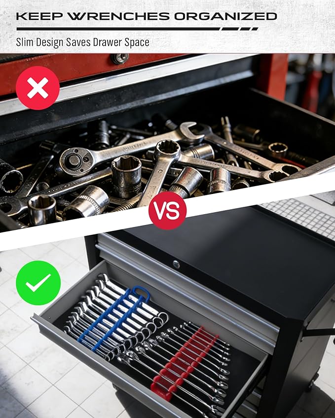 2-Pack Magnetic Wrench Organizer Set, 24-Slot Premium Wrench Rack Holder with Non-Slip Carry Handle for Tool Box Drawer Wall Storage, SAE (1/4'' to 15/16'') & Metric (6mm to 24mm)