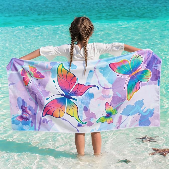 WERNNSAI Beach Towel for Kids, 30”x 60”Butterfly Quick Dry Sand Free Kids Beach Towel for Girls Personalized Beach Towel Pool Camping Travel Towel Soft Beach Blanket Bath Shower Towel