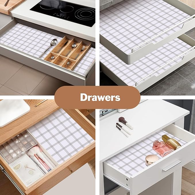 Shelf Liners for Kitchen Cabinets 12in x 10FT, Non-Adhesive Drawer Liner White Square Thickened Shelf Liner Non-Slip Easy to Clean for Tool Box Refrigerator with Knife and Tape Measure