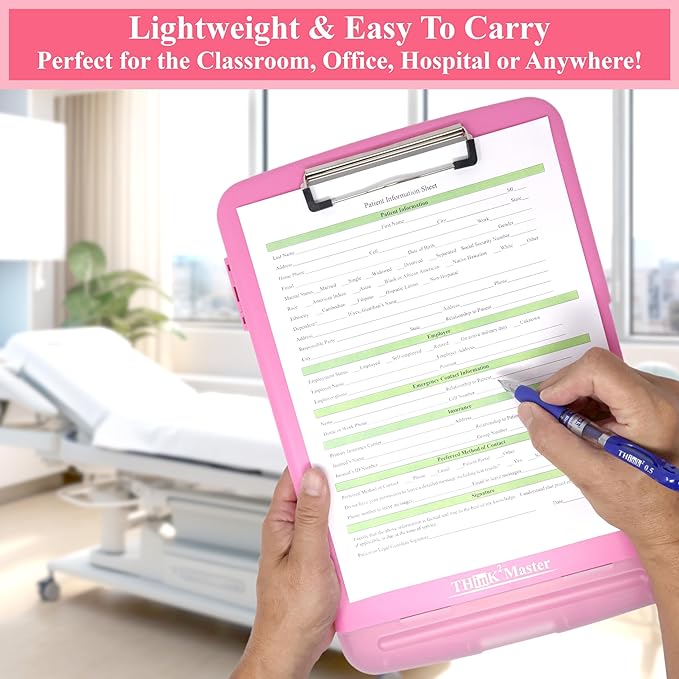 Think2Master Pink Plastic Storage Clipboard with Pencil Holder. | 25% Heavier & 25% Sturdier| Heavy Duty. Must Have for Nurses, Teachers & Classrooms.