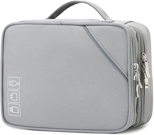 Lanola Travel Cable Organizer Bag, Electronic Accessories Case Portable Double Layer Cable Storage Bag for Cord, Phone, Charger, Flash Drive, SD Card, Phone, Power Bank, Personal Items - Grey