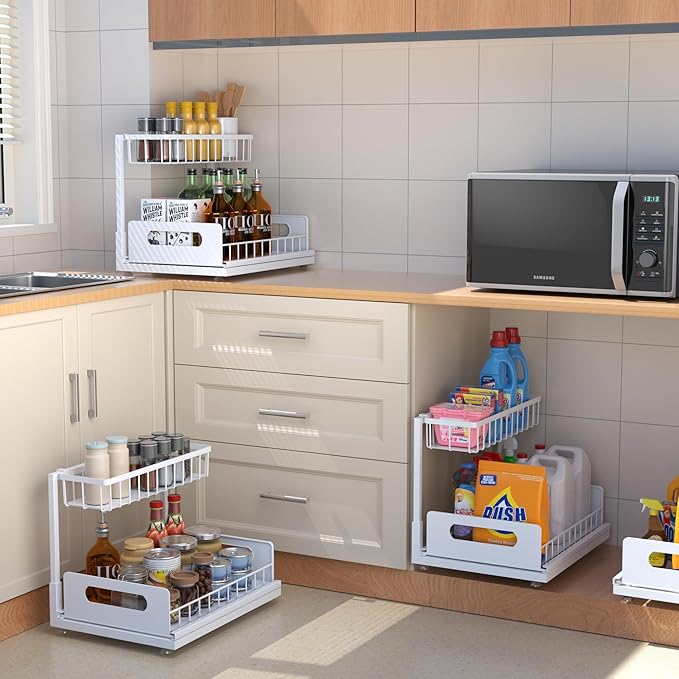 2 Pack Under Sink Organizer, 2 Tier Pull Out Cabinet Organizer,Slide out Metal Cabinet Organizers Multi-Purpose Drawer Shelf for Kitchen Bathroom Pantry Cabinet Closet Organization Rack,White