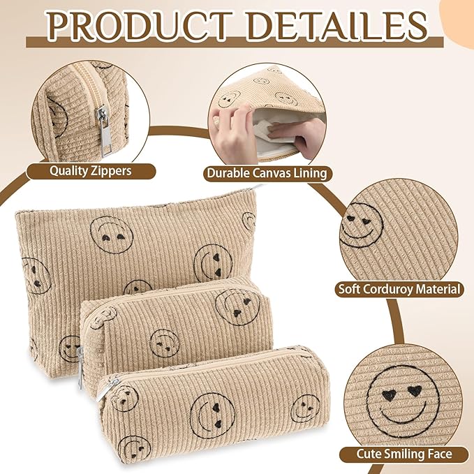 3 Pcs Makeup Bag Set for Women Corduroy Cosmetic Pouch Aesthetic Smile Travel Toiletry Bag Cute Purse Pouch Pencil Case Makeup Brushes Storage Organizer for Christmas(Khaki,Smile Face)