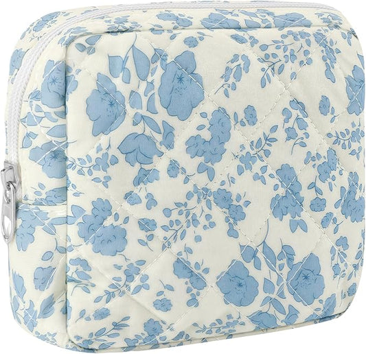 Small Quilted Cotton Makeup Bag for Purse Mini Cosmetic Period Bag for Women Cute Blue Flower Makeup Sanitary Pouch Portable Travel Toiletry Bags with Zipper Christmas Birthday Gifts
