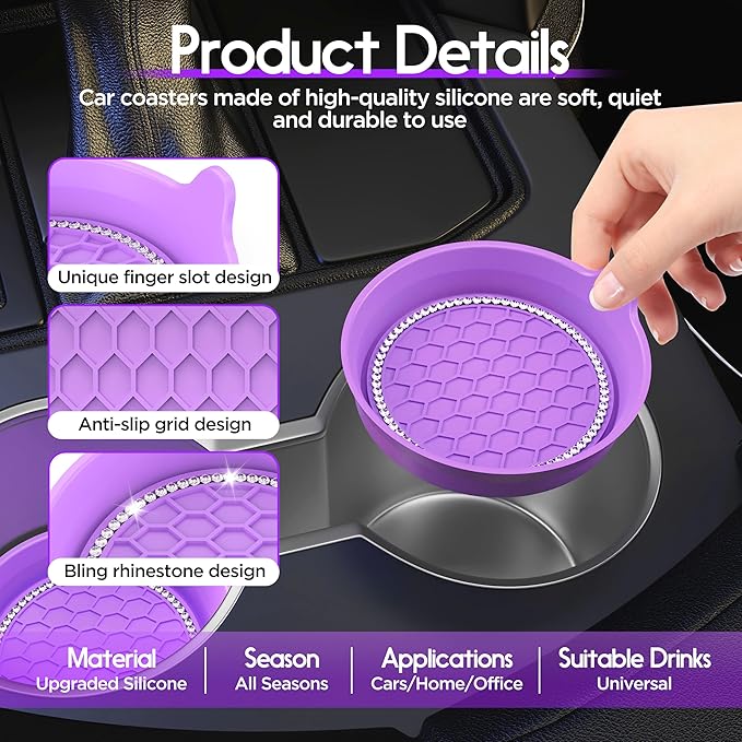 Amooca Car Cup Coaster Universal Non-Slip Cup Holders Bling Crystal Rhinestone Car Interior Accessories 4 Pack Purple