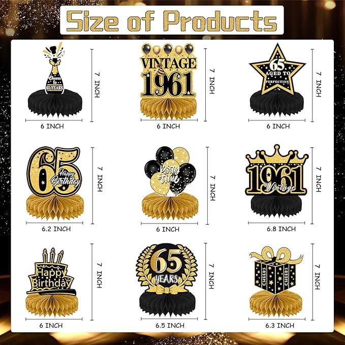 Refavor 65th Birthday Decorations for Men - 9PCS Vintage 65th Birthday Honeycomb Centerpieces Table Decorations Women, Black Gold 1961 Happy 65 Years Bday Party Decor