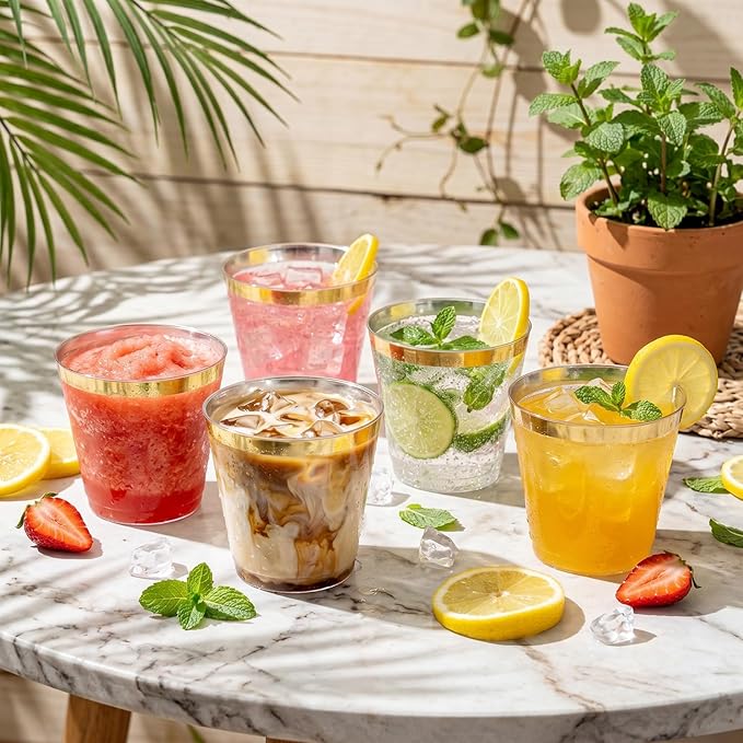 I00000 200 Pack Gold Plastic Cups, 9 Oz Elegant Clear Plastic Cups Gold Rimmed Disposable Wine Glasses Fancy Disposable Party Cup Wedding Cup Drinking Tumblers Cocktail Glasses Perfect for Party