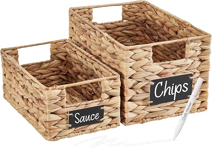 DECOMOMO Wicker Storage Baskets, Handwoven Pantry Baskets, Water Hyacinth Storage Baskets w/Chalkboard and Marker (Natural, Set of 2)