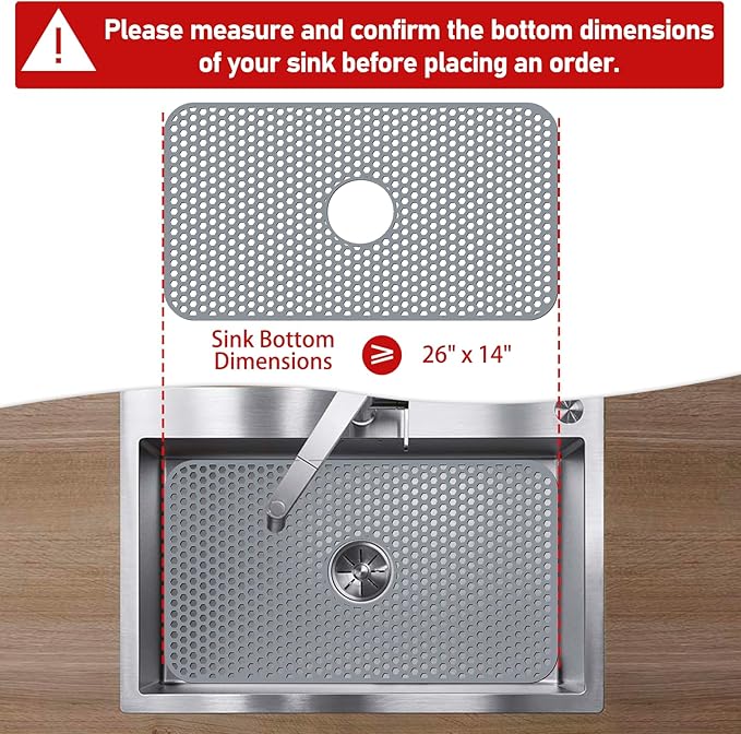 Silicone Sink Mat, 26'' x 14'' Protectors for Kitchen Sink with Center Drain, Kitchen Protector Accessory, Non-Slip Grid Mat for Bottom of Farmhouse Porcelain Stainless Steel(Center Hole)