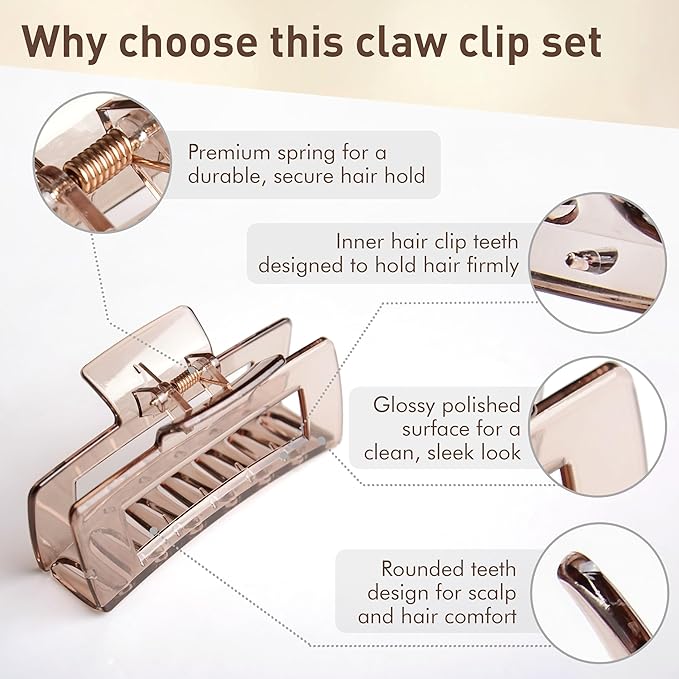 Emma Lily 4pcs Large Hair Claw Clips for Women – Dark & Light Grayish Brown, Strong Hold for Thick & Medium Hair, 2 Designs for Casual Daily Use